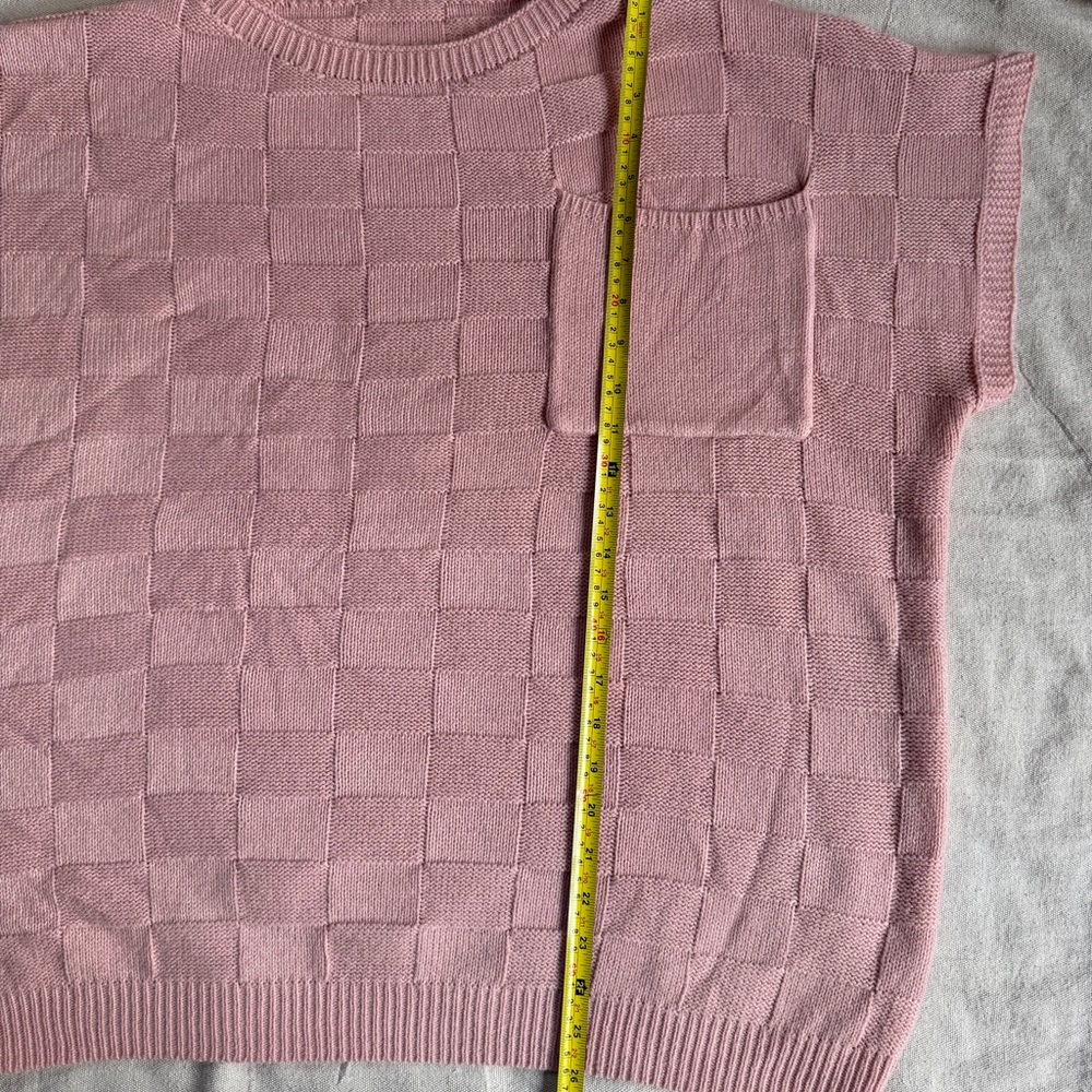 Pink 4XL Basket Weave Texture Checkerboard Knit Short Sleeve Boxy Sweater Boho - Picture 7 of 8